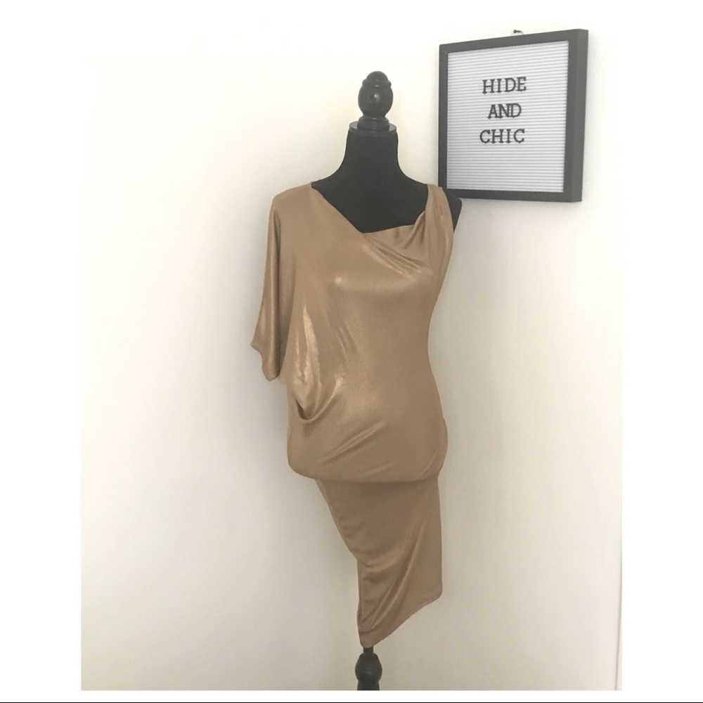 BCBGMAXAZRIA METALLIC GOLD ONE SHOULDER MINI DRESS - Picture 2 of 7